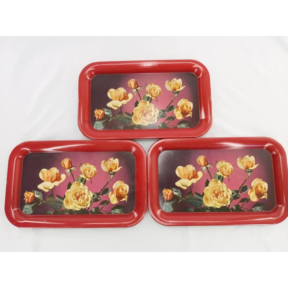 Lot of 3 Vintage‎ Metal Rose Snack TV Trays 14" x 9" MCM Floral Tin Cottagecore